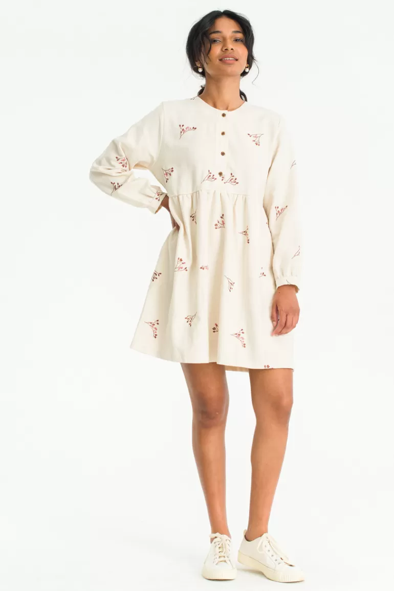 Women Olive Clothing Autumn Flower Babydoll Dress, Ivory