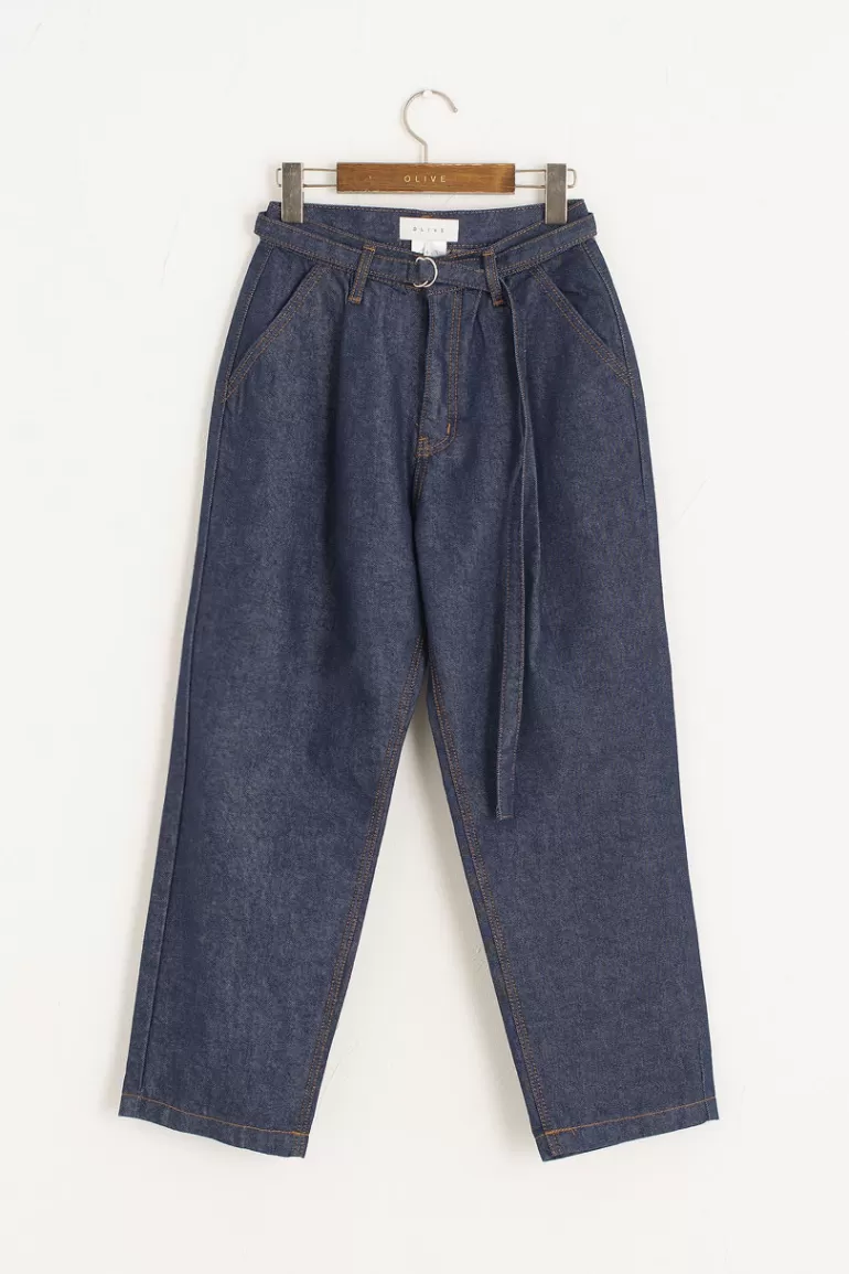 Women Olive Clothing Belted Denim Slacks, Indigo