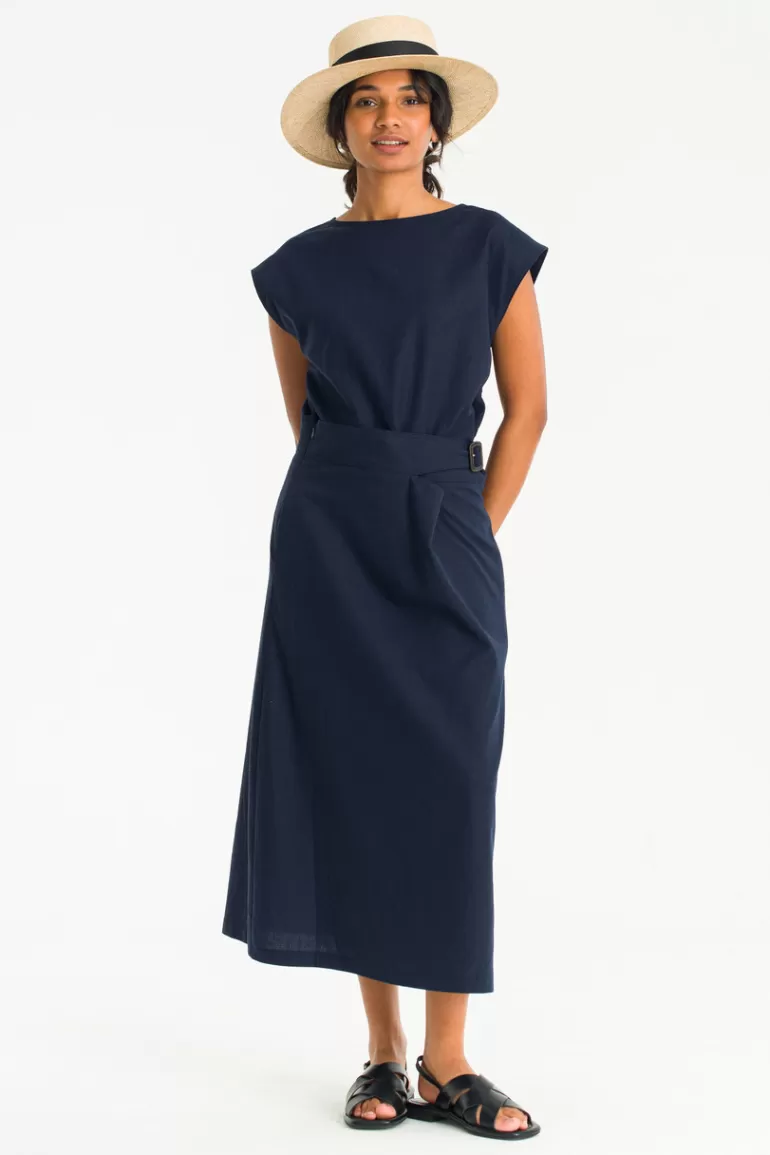 Women Olive Clothing Belted Two Piece Dress, Navy