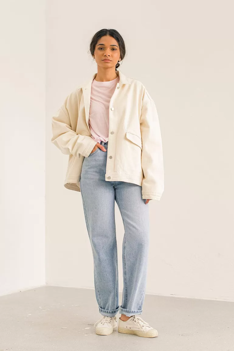 Women Olive Clothing Box Cotton Jacket, Ivory