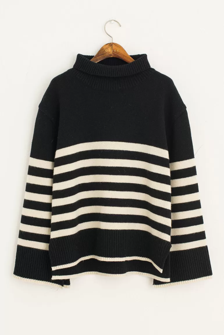 Women Olive Clothing Box Roll Neck Stripe Jumper, Black