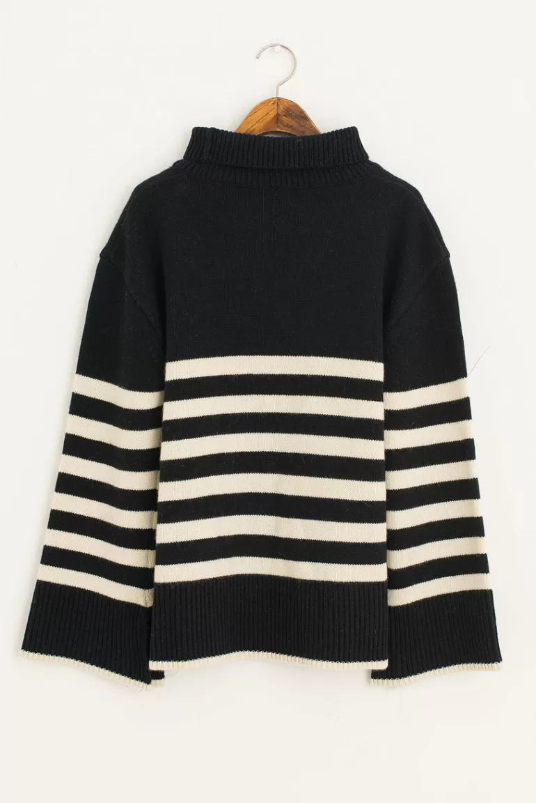 Women Olive Clothing Box Roll Neck Stripe Jumper, Black