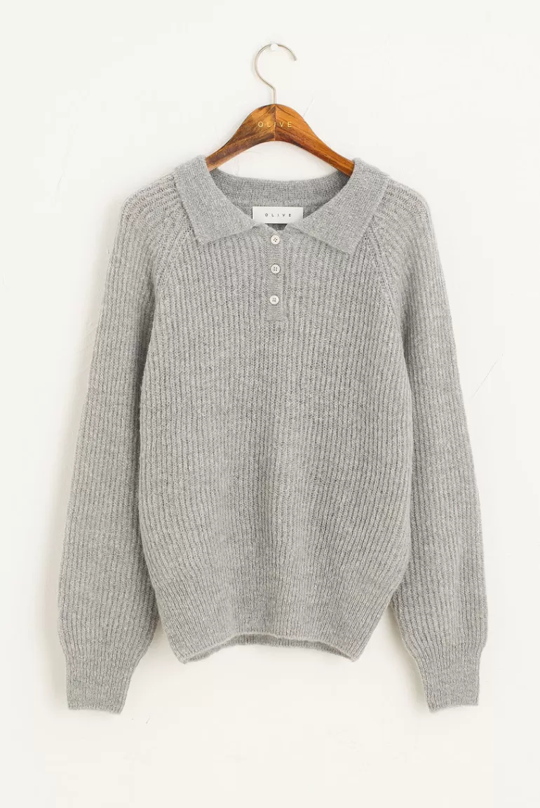 Women Olive Clothing Button Collar Ribbed Jumper, Grey