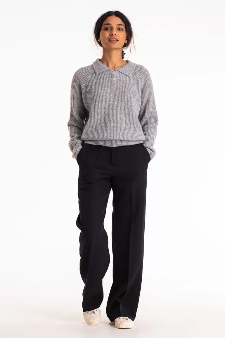 Women Olive Clothing Button Collar Ribbed Jumper, Grey