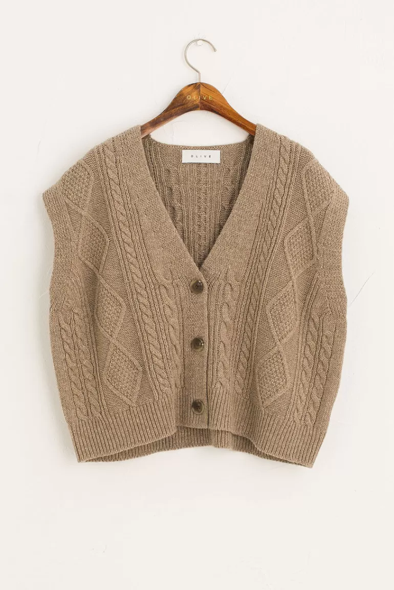 Women Olive Clothing Cable Boxy Button Vest, Beige