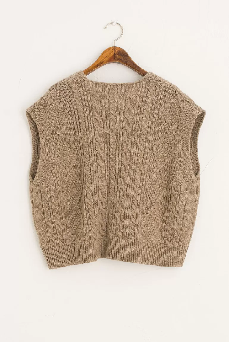 Women Olive Clothing Cable Boxy Button Vest, Beige