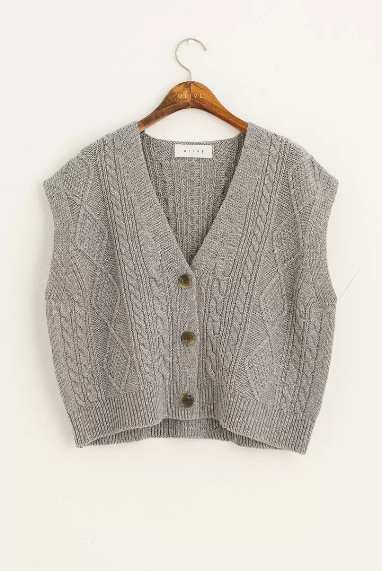 Women Olive Clothing Cable Boxy Button Vest, Grey