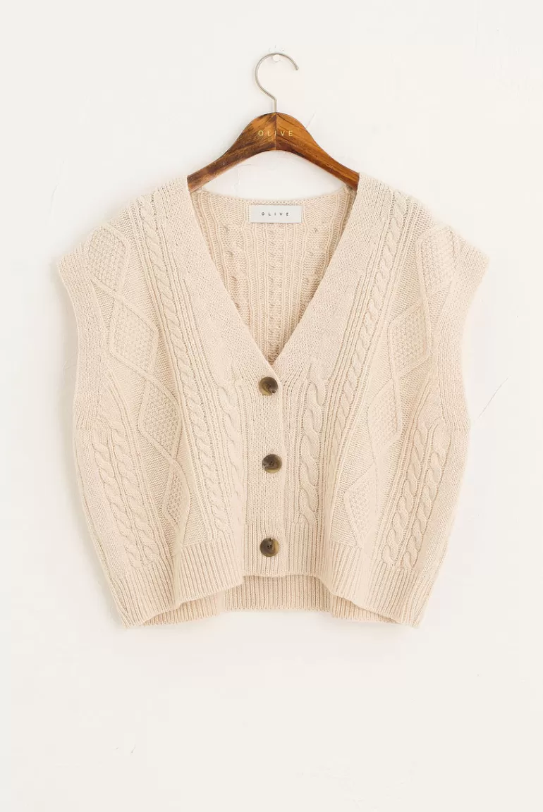 Women Olive Clothing Cable Boxy Button Vest, Ivory