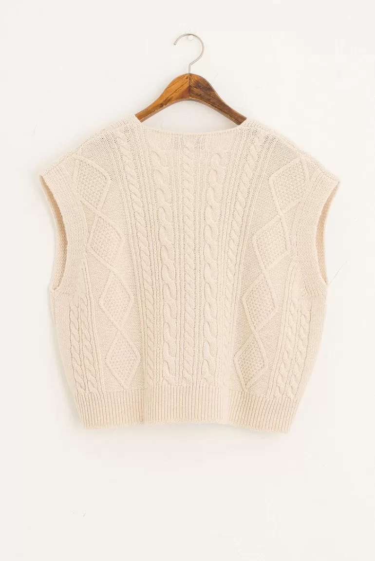 Women Olive Clothing Cable Boxy Button Vest, Ivory