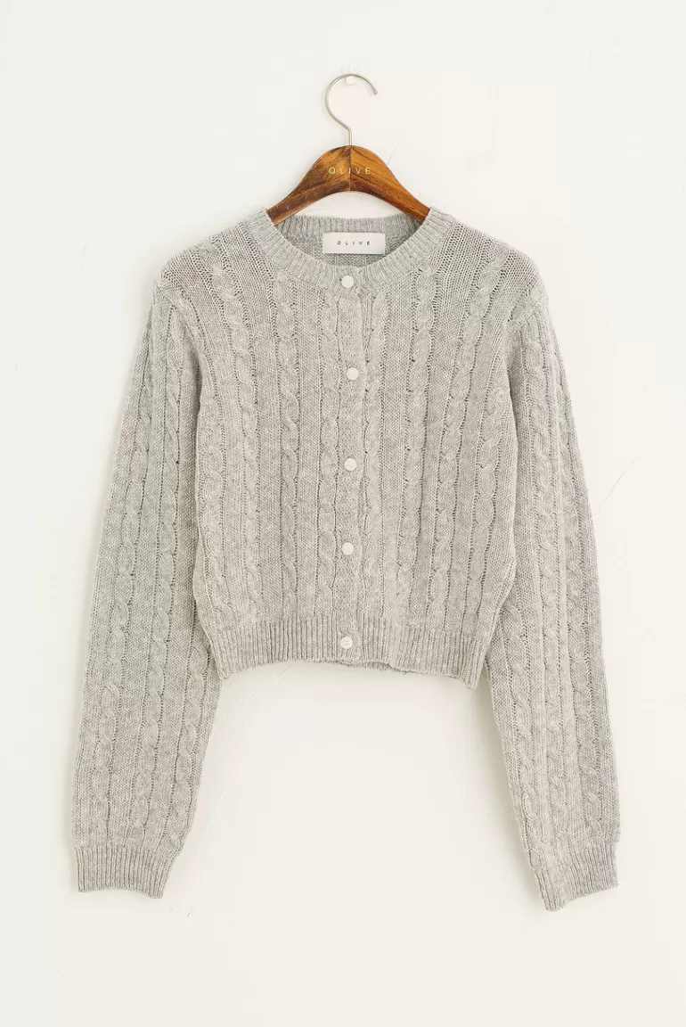 Women Olive Clothing Cable Crop Cardigan, Grey