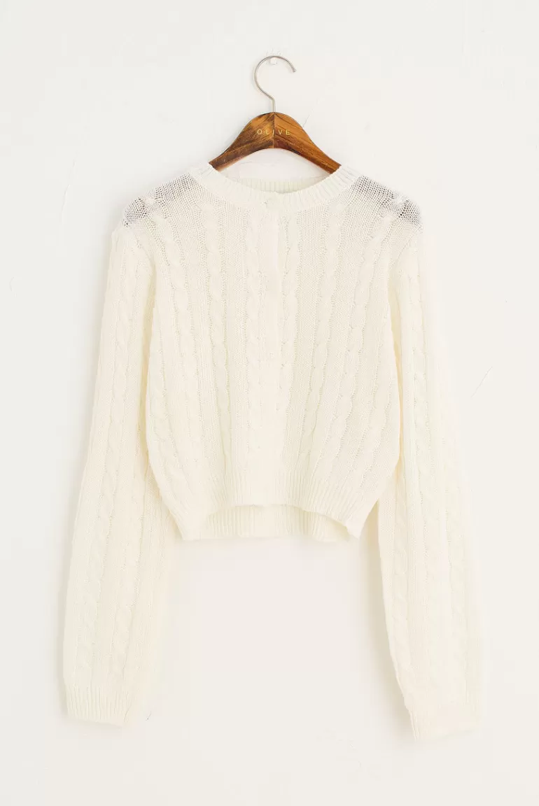 Women Olive Clothing Cable Crop Cardigan, Ivory