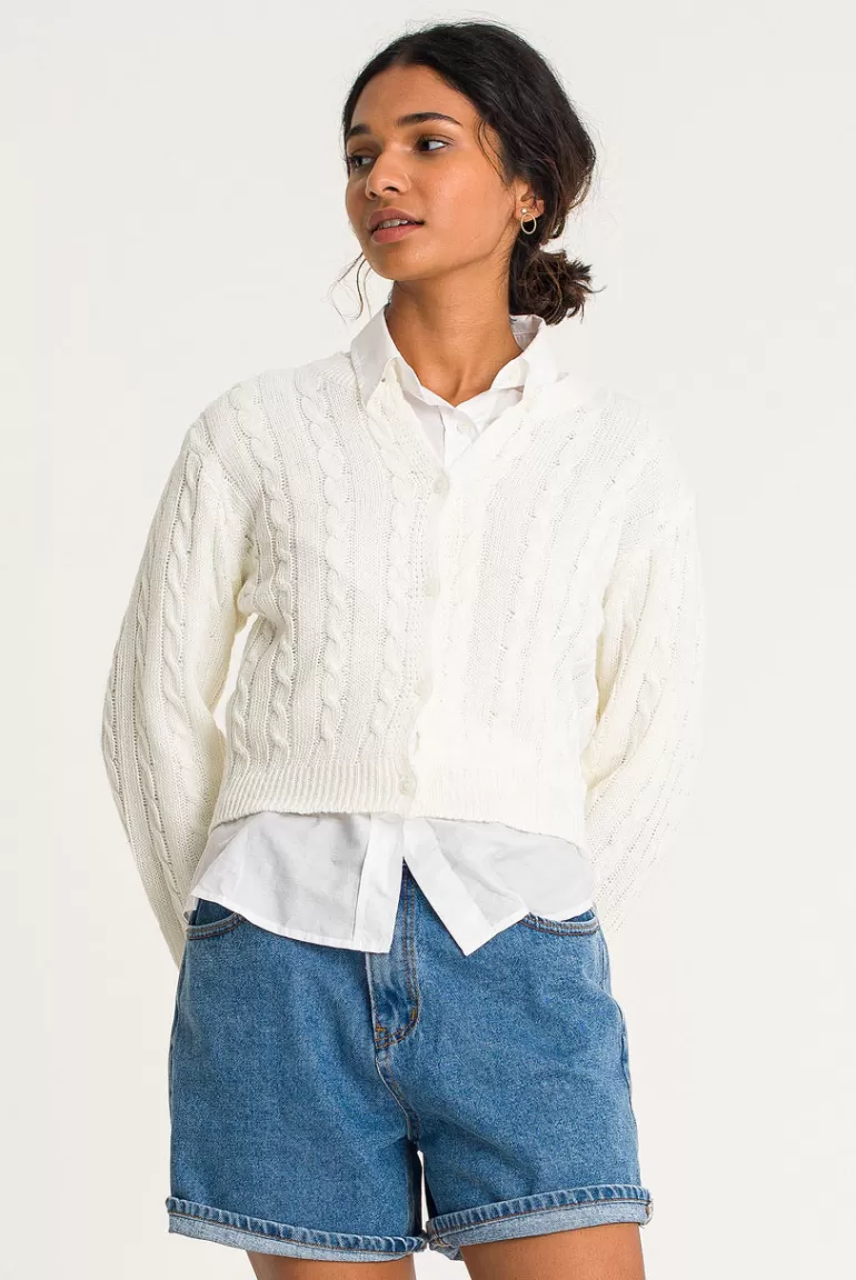 Women Olive Clothing Cable Crop Cardigan, Ivory
