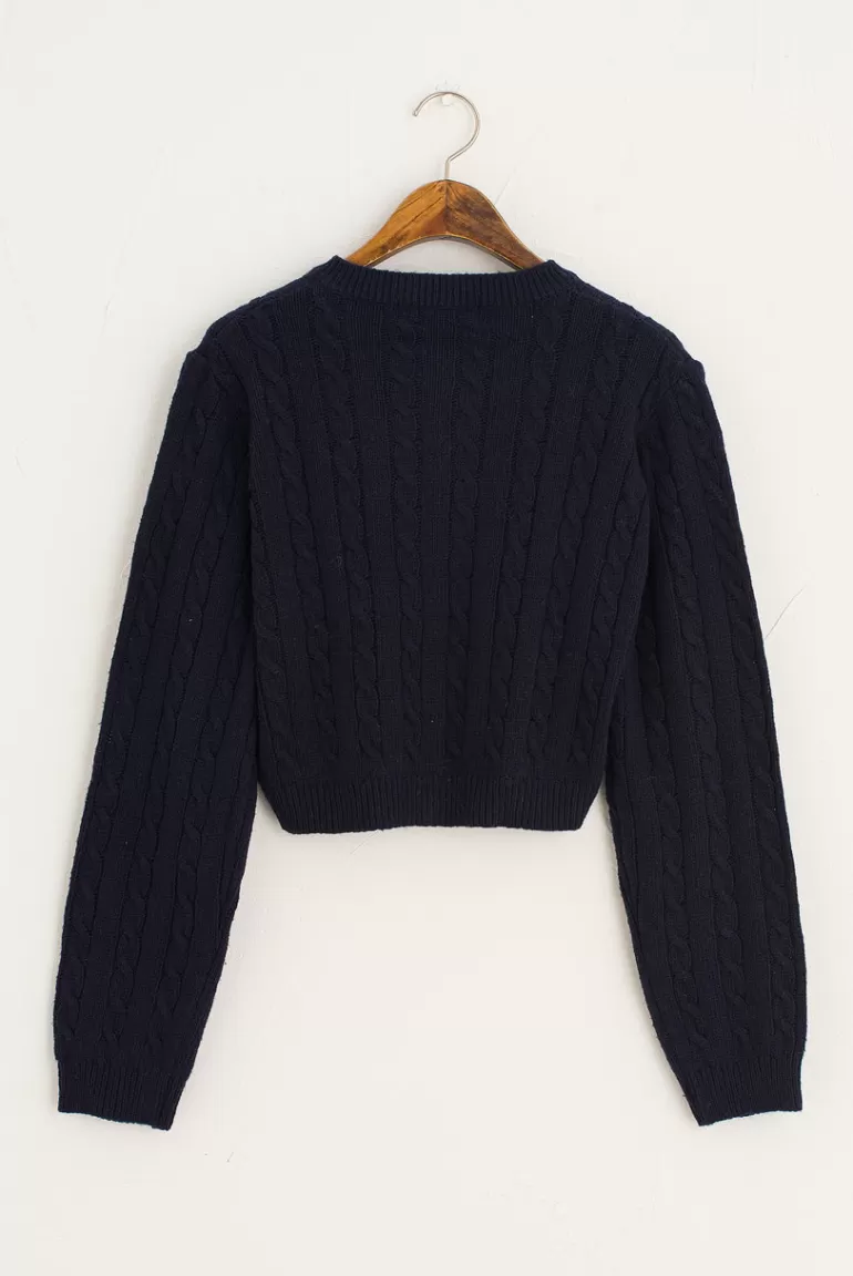Women Olive Clothing Cable Crop Cardigan, Navy