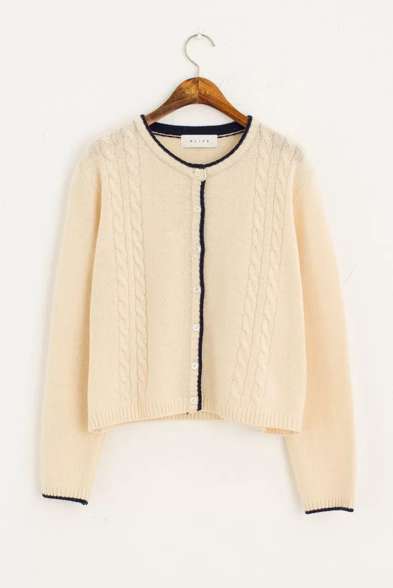 Women Olive Clothing Cable Mix Colour Contrast Cardigan, Ivory