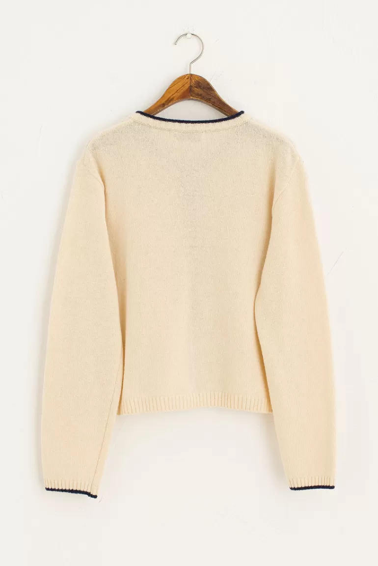 Women Olive Clothing Cable Mix Colour Contrast Cardigan, Ivory