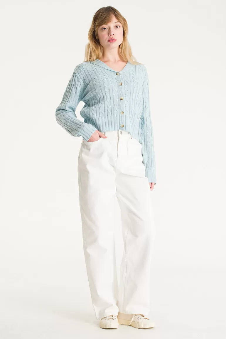 Women Olive Clothing Cable Shawl Cardigan, Blue