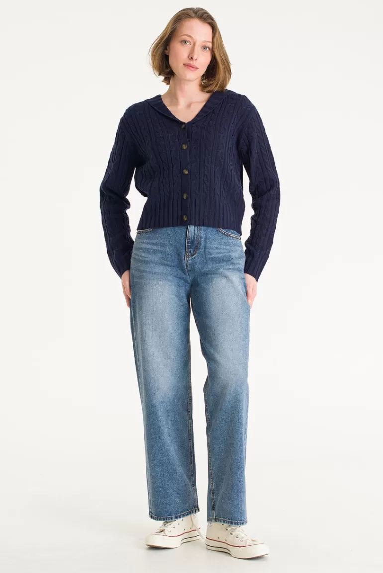Women Olive Clothing Cable Shawl Cardigan, Navy