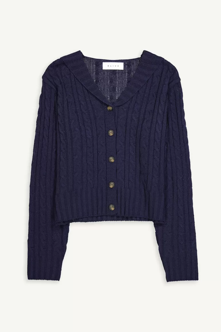 Women Olive Clothing Cable Shawl Cardigan, Navy