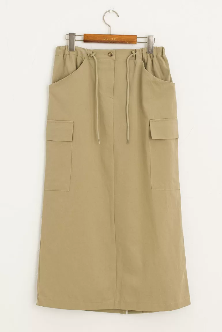 Women Olive Clothing Cargo Long Skirt, Khaki