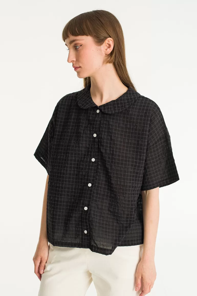 Women Olive Clothing Check Waffle Blouse, Black