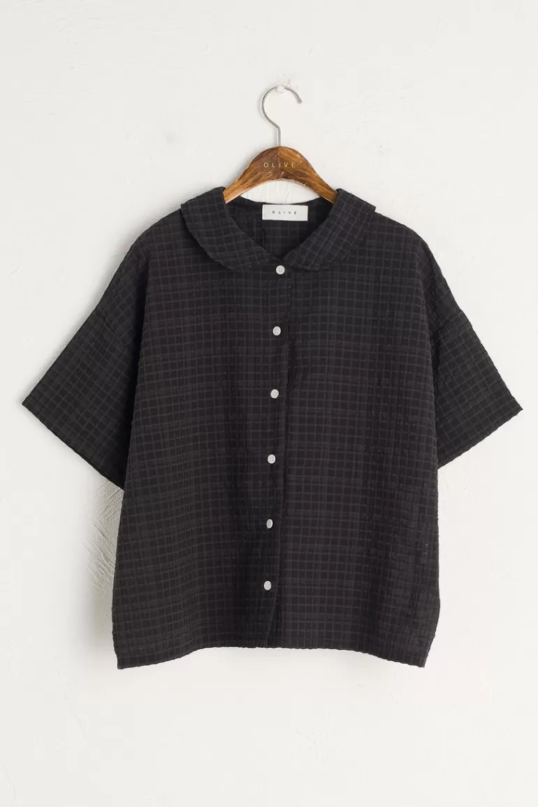 Women Olive Clothing Check Waffle Blouse, Black