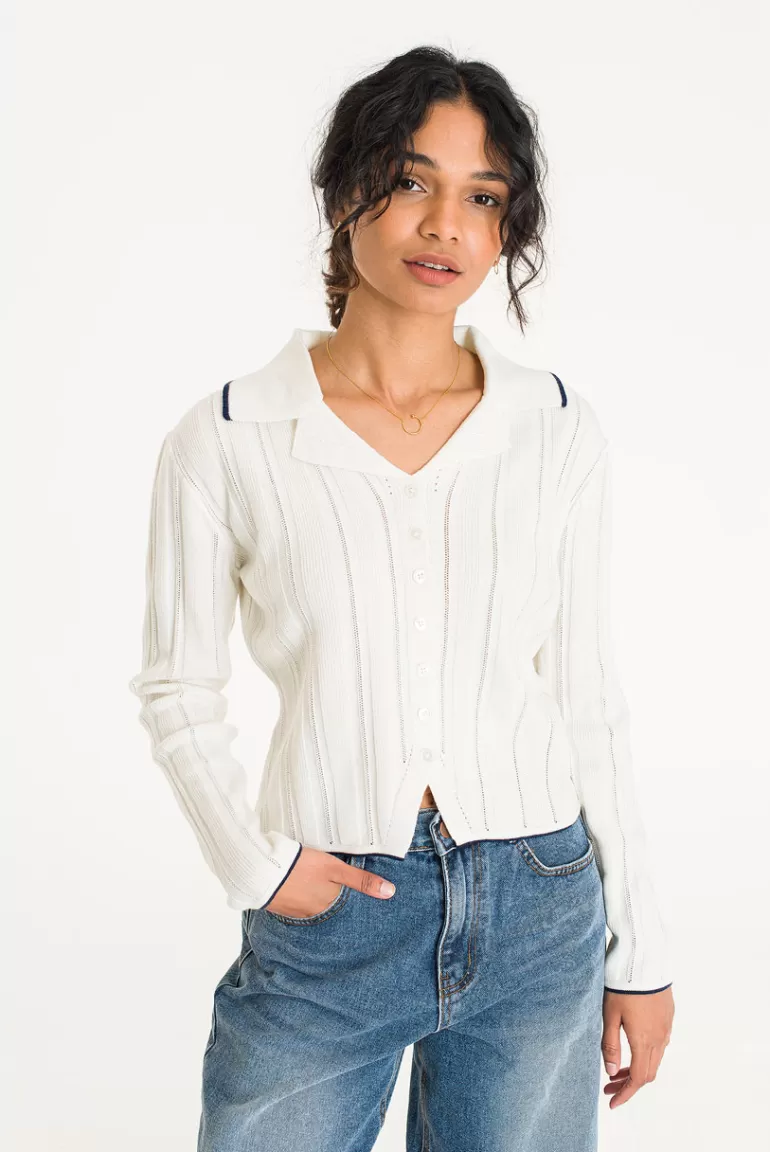Women Olive Clothing Collar Button Cardigan, Ivory