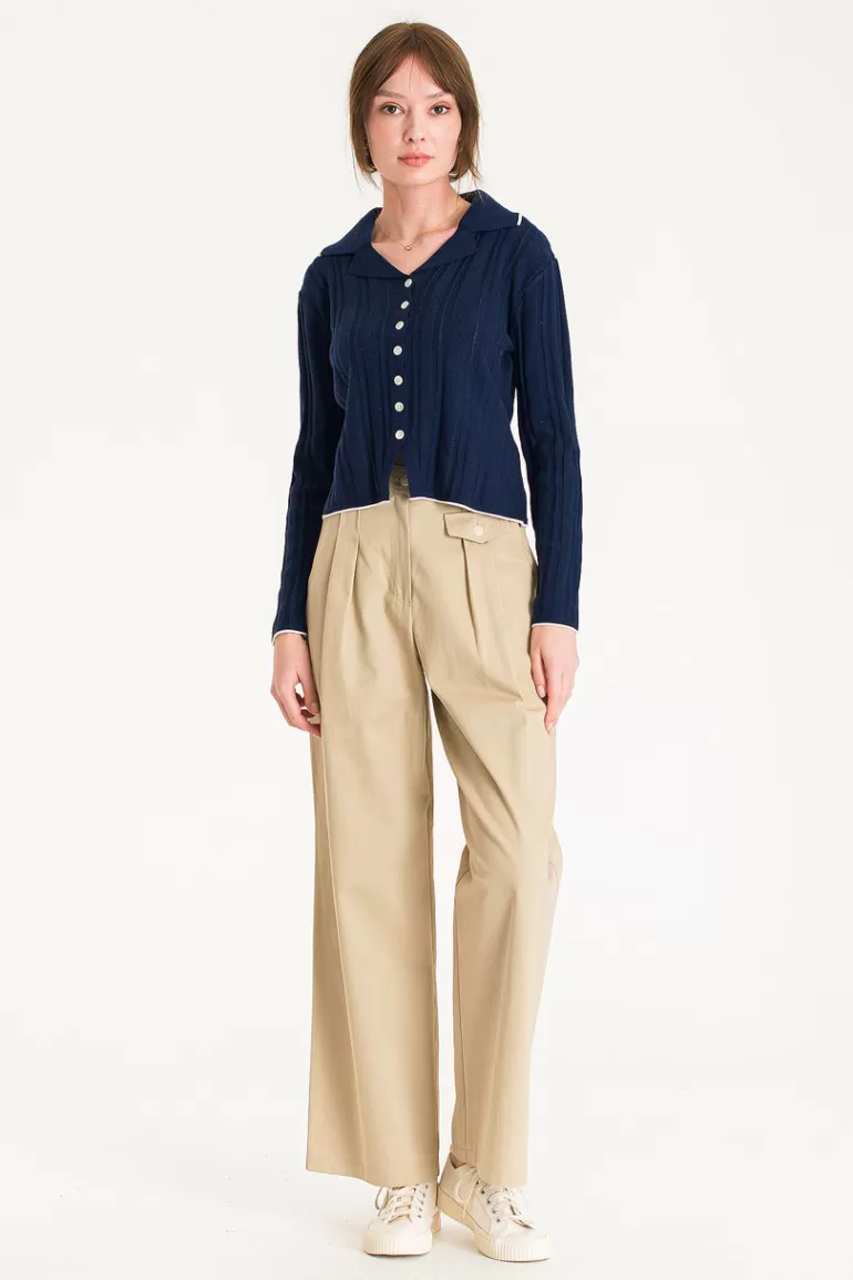 Women Olive Clothing Collar Button Cardigan, Navy