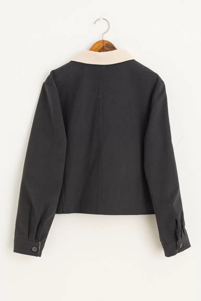 Women Olive Clothing Contrast Collar Cord Jacket, Navy