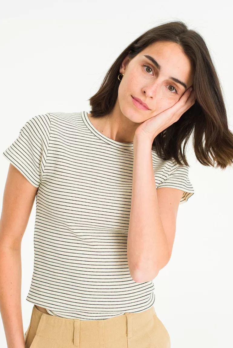 Women Olive Clothing Cotton Stripe Tee, Ivory