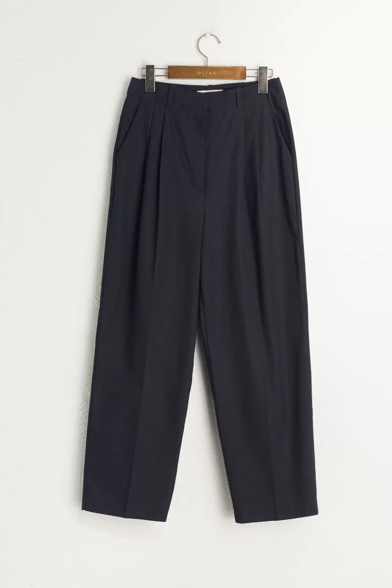 Women Olive Clothing Cotton Tailored Pants, Navy