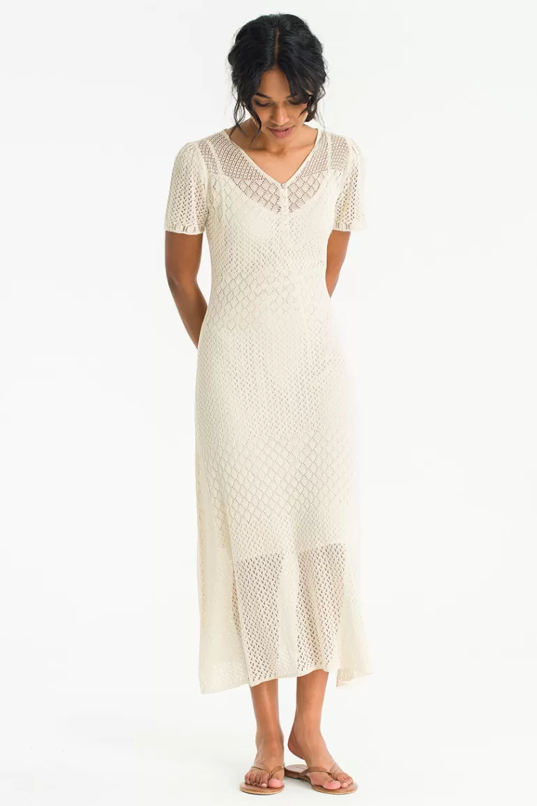 Women Olive Clothing Crochet V Neck Maxi Dress, Ivory