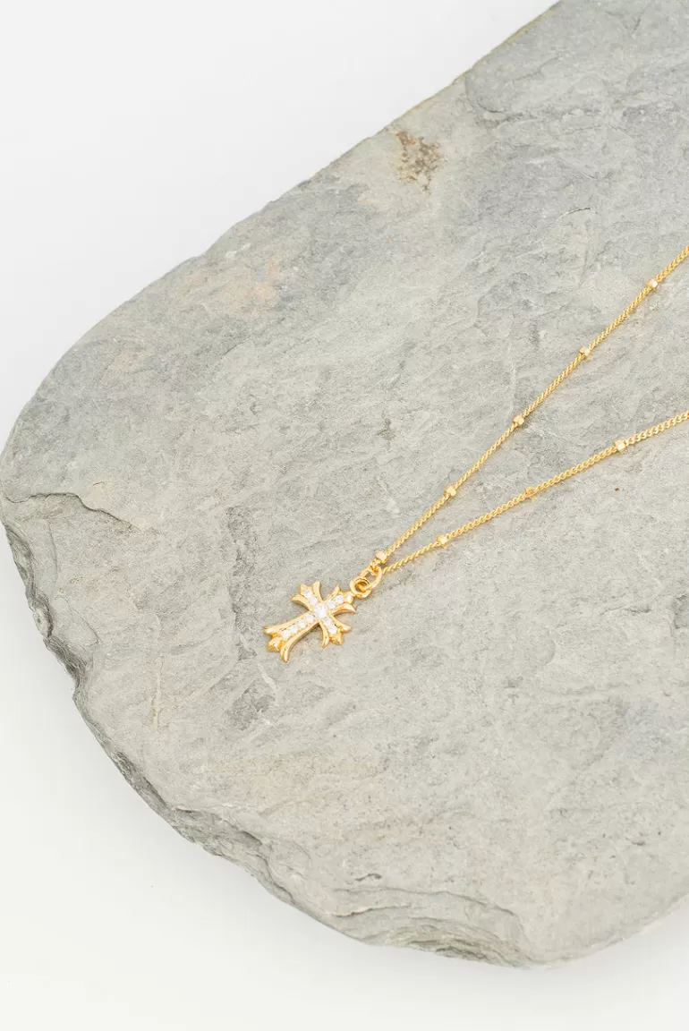Women Olive Clothing Crystal Cross Pendant Drop Necklace, 14K Gold Plated