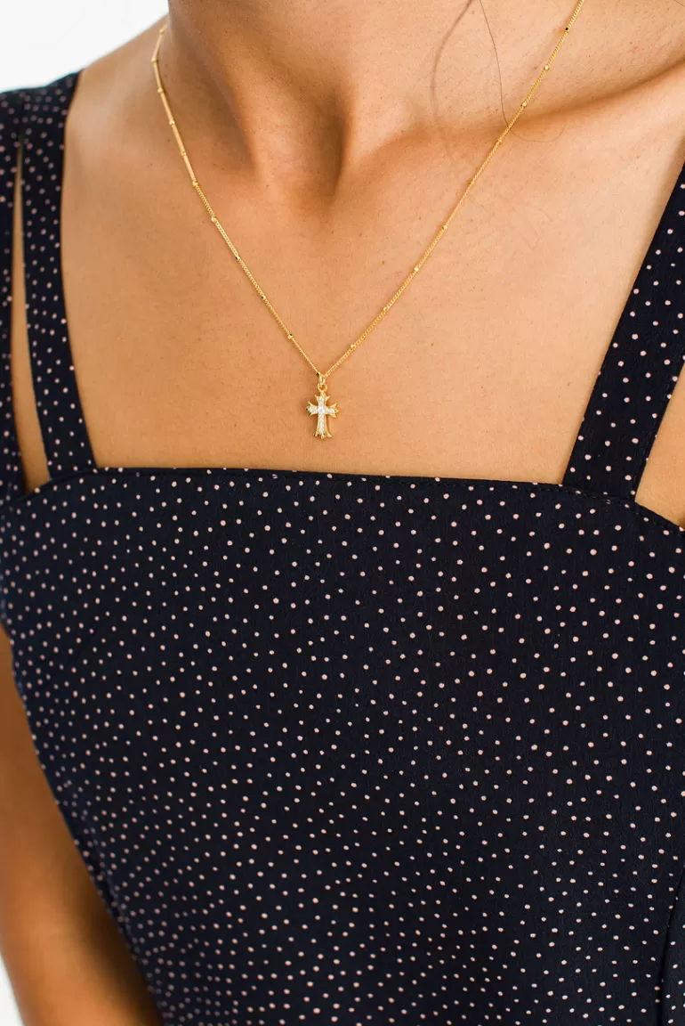 Women Olive Clothing Crystal Cross Pendant Drop Necklace, 14K Gold Plated