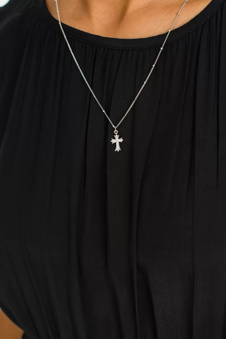Women Olive Clothing Crystal Cross Pendant Drop Necklace, Sterling Silver