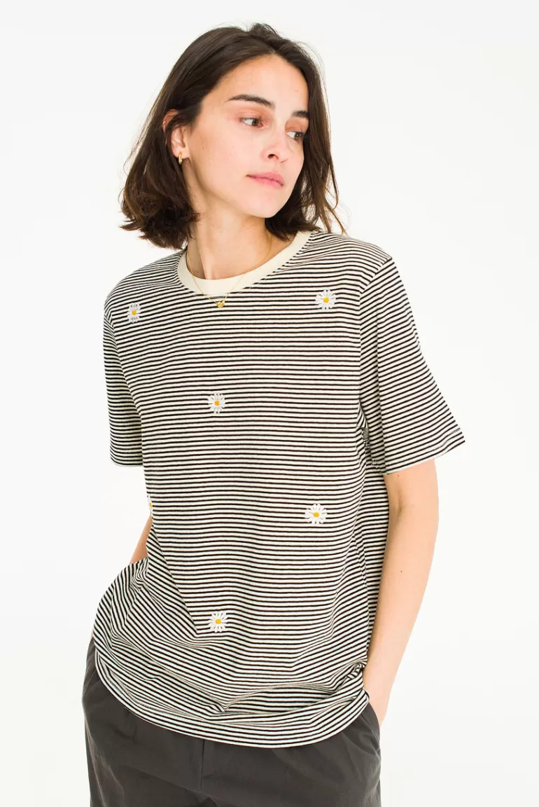 Women Olive Clothing Daisy Embroidered Stripe Tee, Ivory