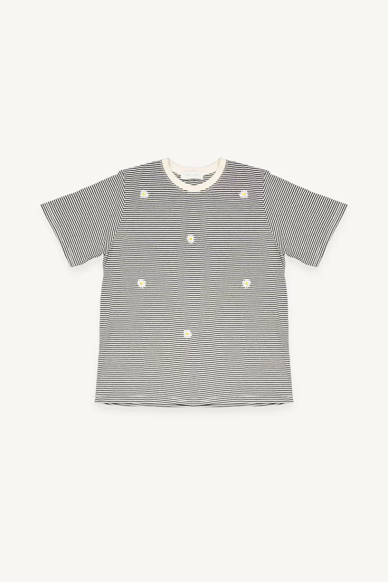 Women Olive Clothing Daisy Embroidered Stripe Tee, Ivory