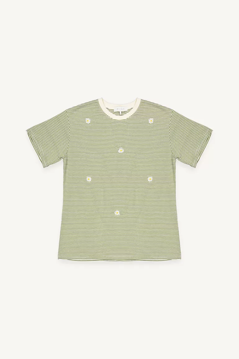 Women Olive Clothing Daisy Embroidered Stripe Tee, Khaki