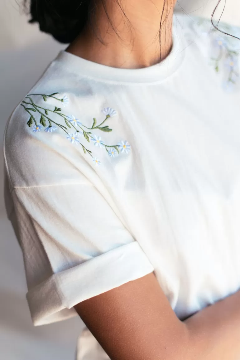 Women Olive Clothing Daisy Embroidered Tee, White