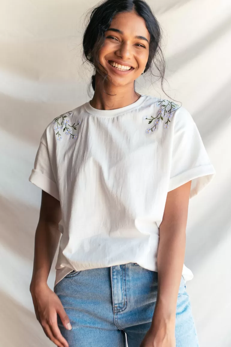Women Olive Clothing Daisy Embroidered Tee, White