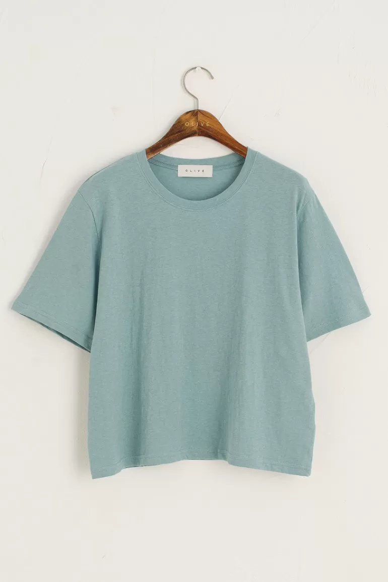 Women Olive Clothing Dana Loose Fit Crop Tee, Washed Blue