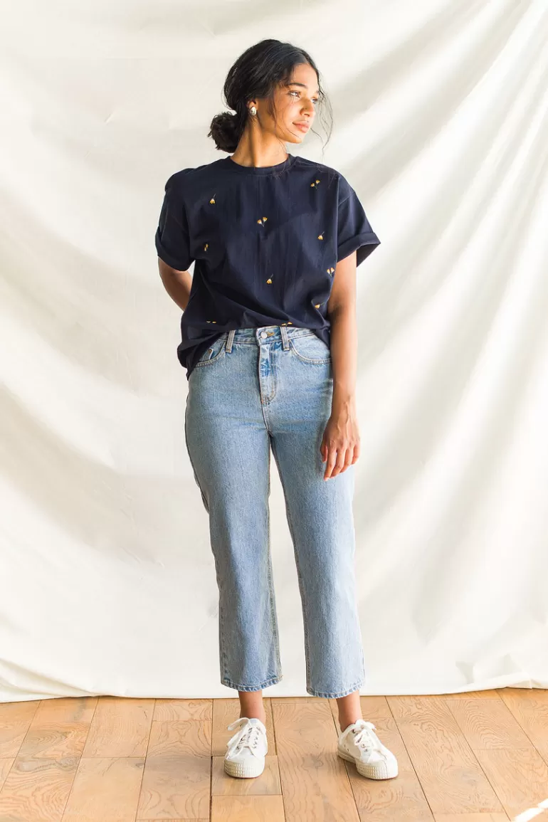 Women Olive Clothing Dandelion Embroidered Tee, Navy