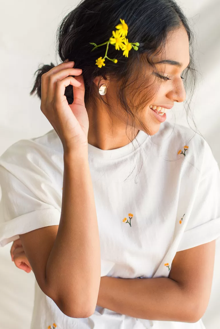 Women Olive Clothing Dandelion Embroidered Tee, White