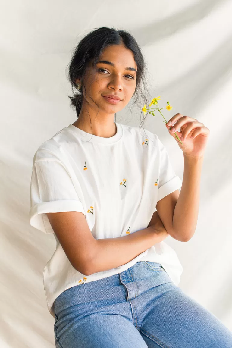 Women Olive Clothing Dandelion Embroidered Tee, White