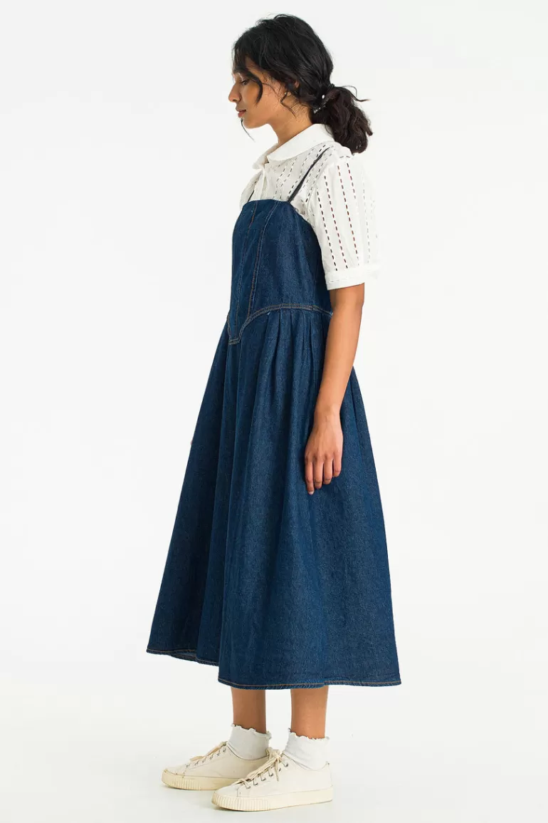 Women Olive Clothing Denim Pinafore Dress, Mid Blue
