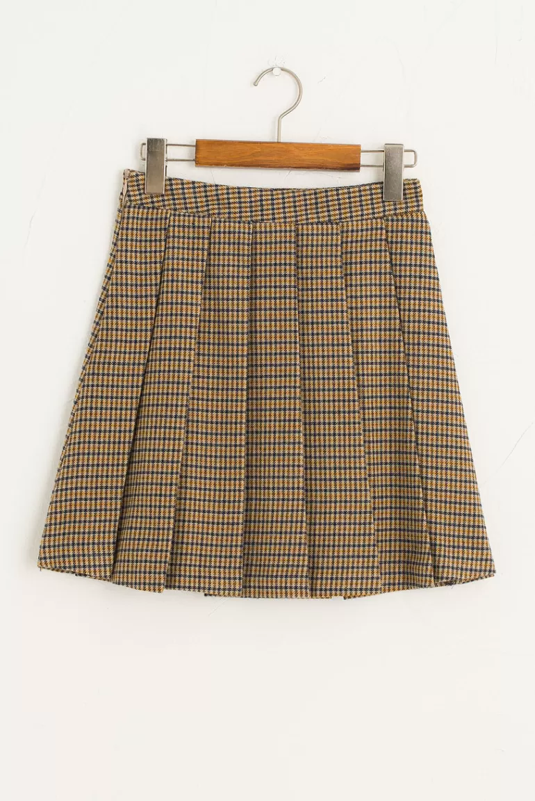 Women Olive Clothing Doona Check Pleated Mini Skirt, Mustard