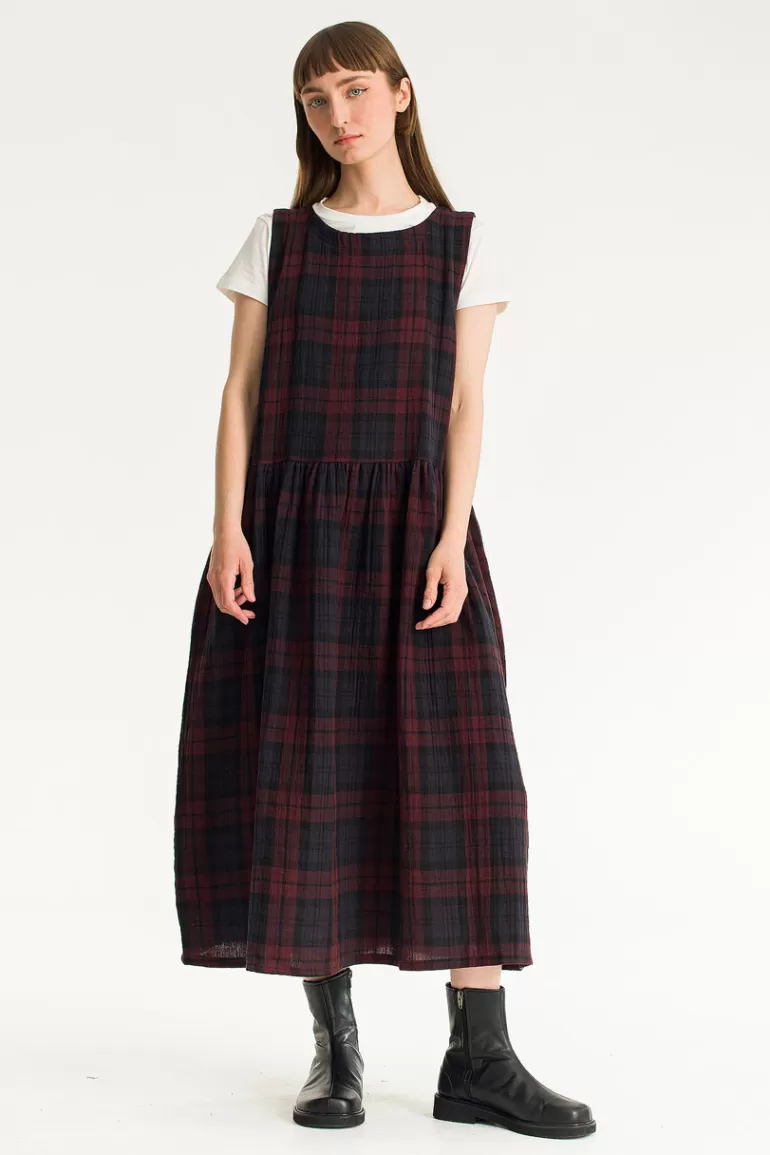 Women Olive Clothing Double Faced Cotton Check Pinafore Dress, Burgundy