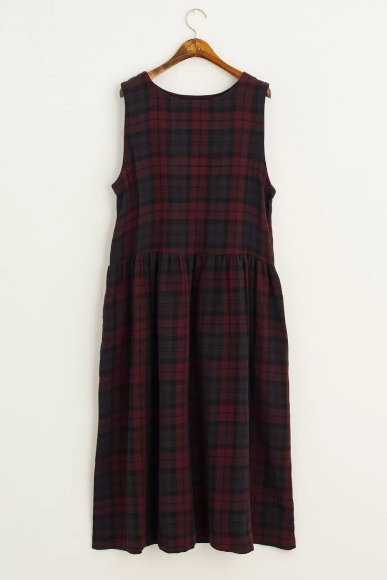 Women Olive Clothing Double Faced Cotton Check Pinafore Dress, Burgundy