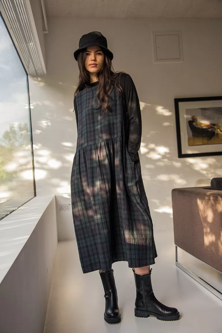 Women Olive Clothing Double Faced Cotton Check Pinafore Dress, Green
