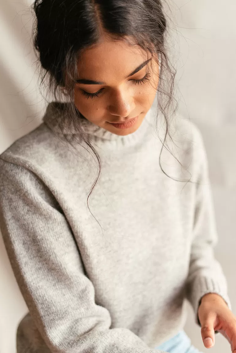 Women Olive Clothing Elena Crochet Neck Jumper, Melange Grey