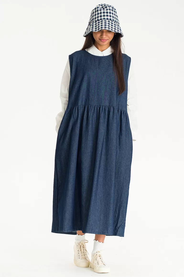 Women Olive Clothing Elsa Denim Pinafore Dress, Mid Blue